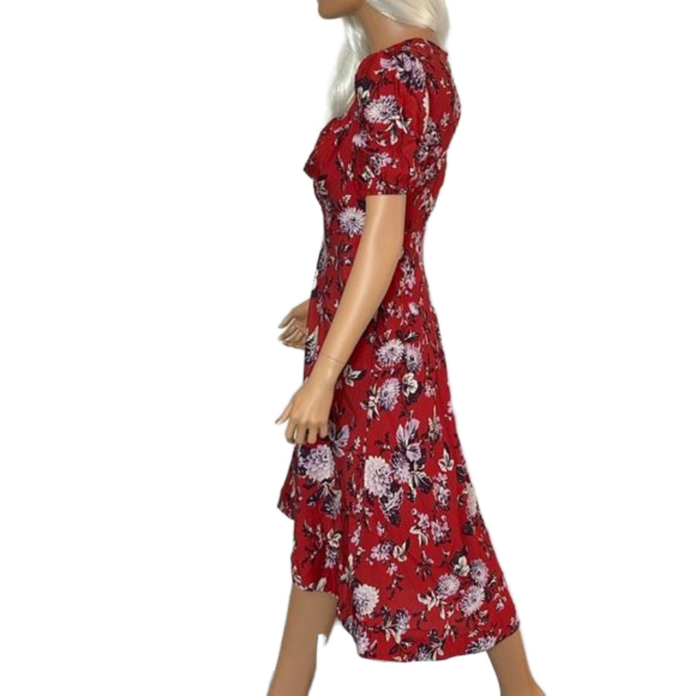 Maeve Anthropologie Red Floral Puff Sleeve Midi Dress 6P Petite High-Low - Picture 6 of 17
